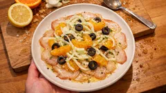 Smoked Swordfish Carpaccio with Citrus, Fennel, and Olives—an Easy No-Cook Antipasto